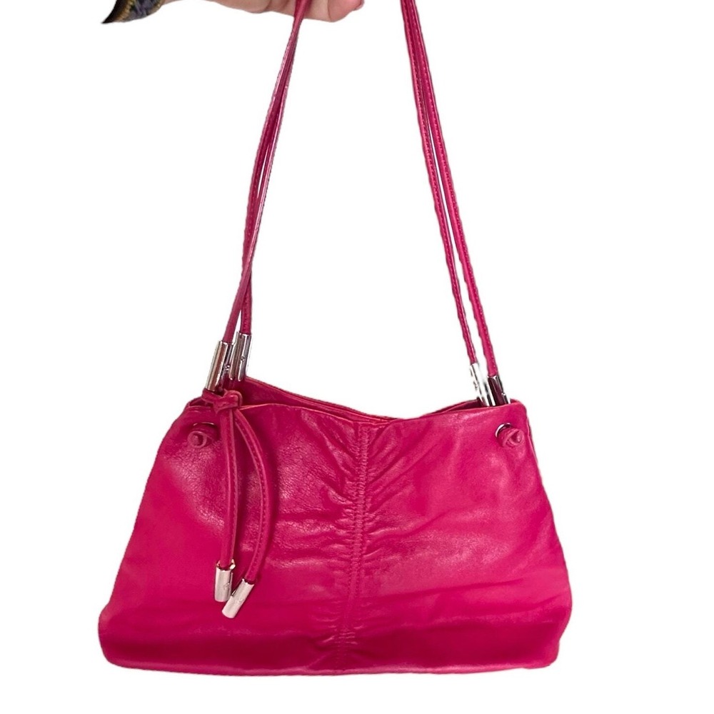 Etienne Aigner Shoulder Bag Medium Hot Pink Leather Ruched Silver Tone Hardware - Picture 2 of 8